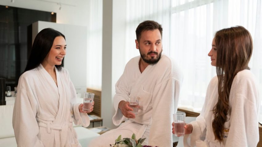 Three adults enjoying a relaxing spa day, chatting and drinking water indoors.